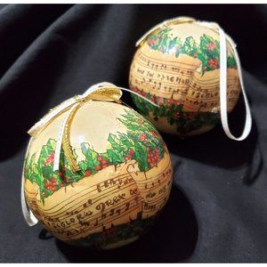 Set of 2 SHEET MUSIC Ball Christmas Ornaments paper mache decoupage notes staff